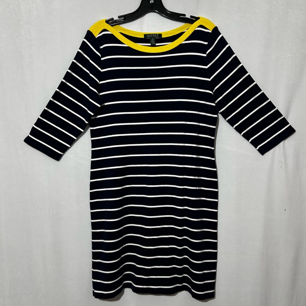 🔥3/$25 Lauren Ralph Lauren Navy Striped Nautical Boatneck Dress - Yellow Trim XL